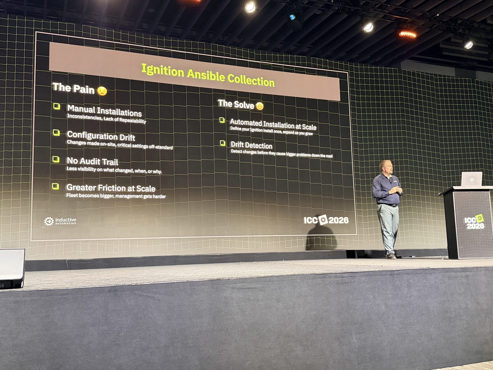 Kevin Collins presenting the Ignition Ansible Collection pain-and-solve slide