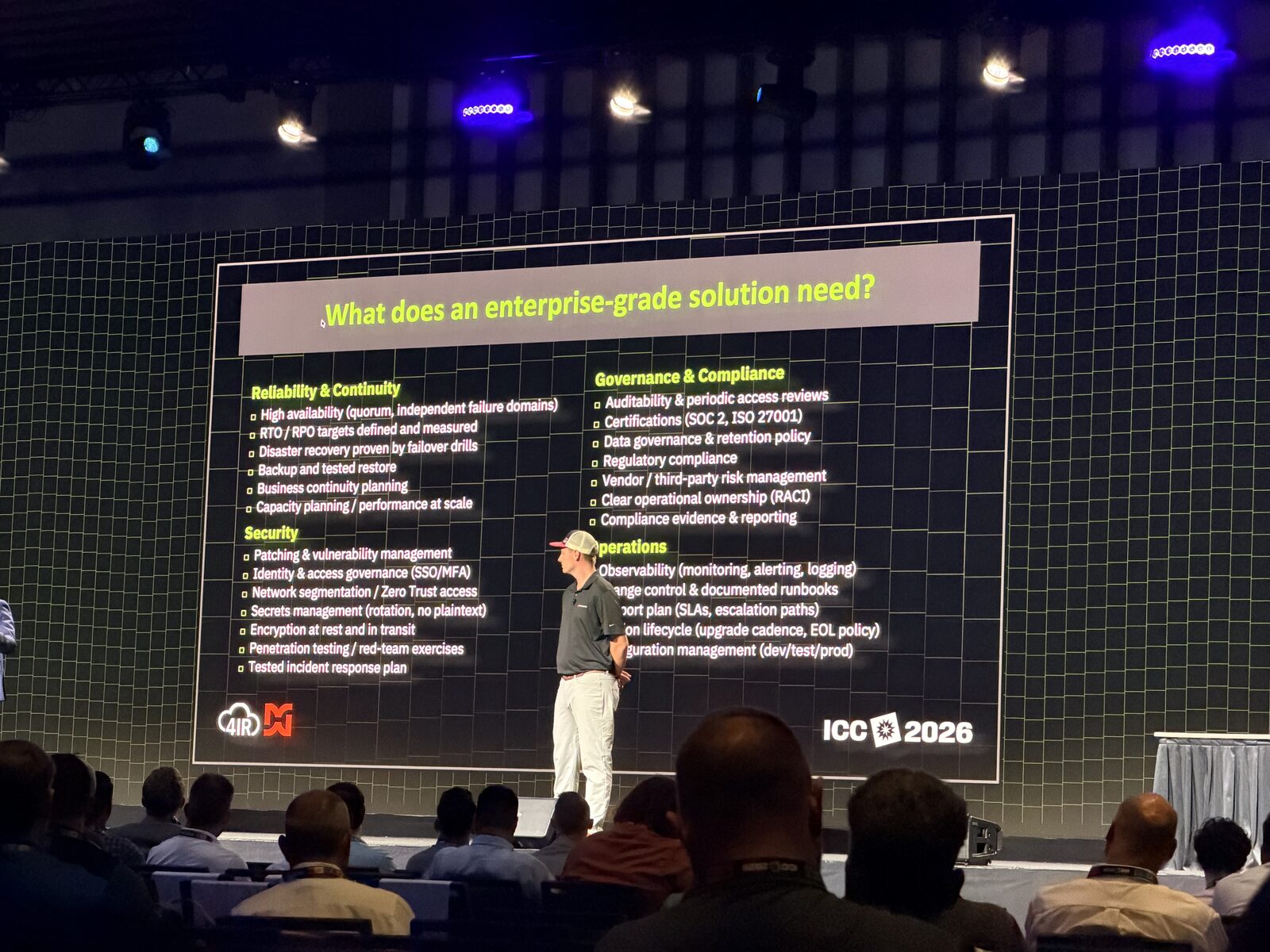Slide titled What does an enterprise-grade solution need, covering reliability, security, governance, and operations