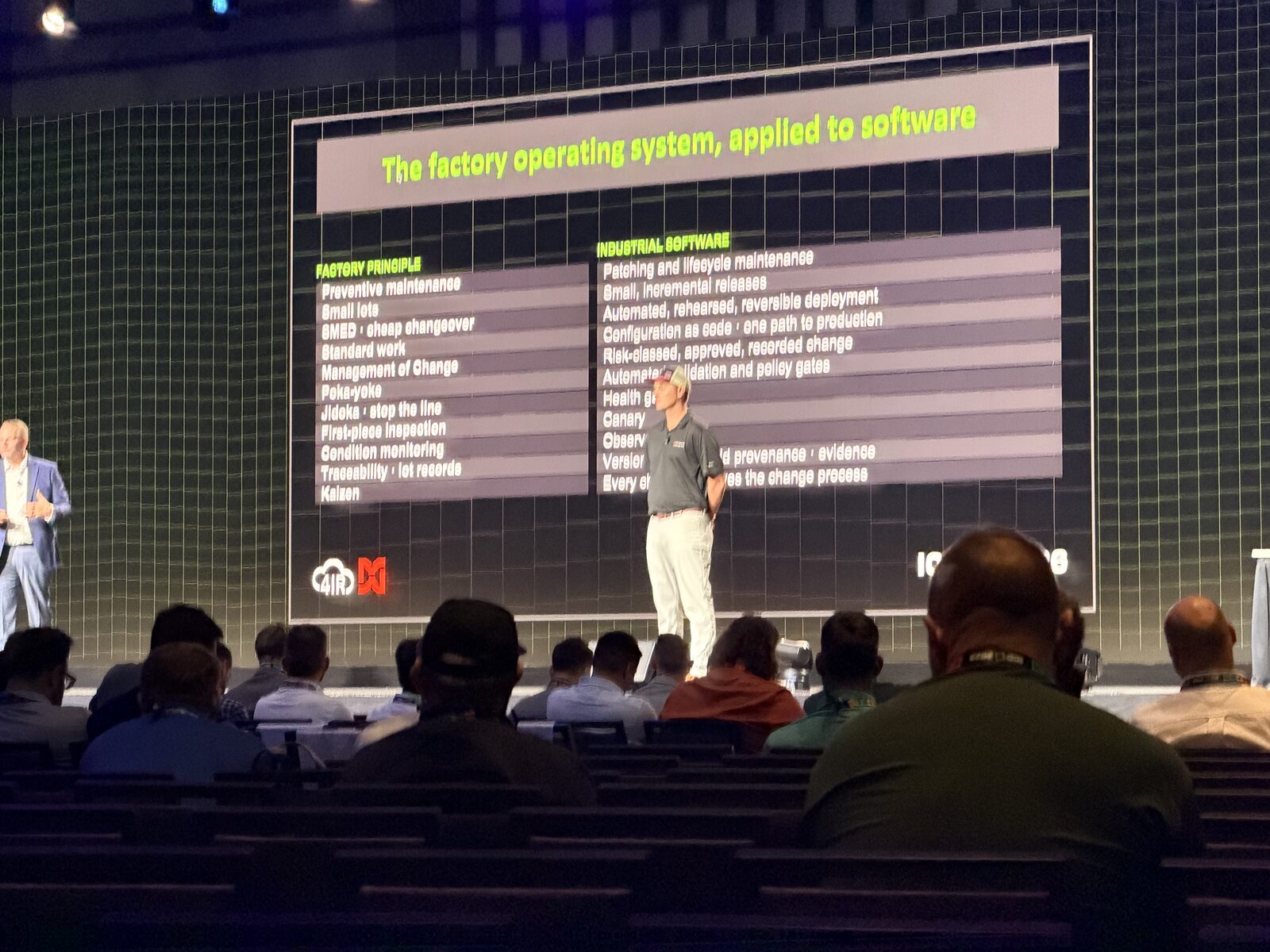 Slide titled The factory operating system, applied to software